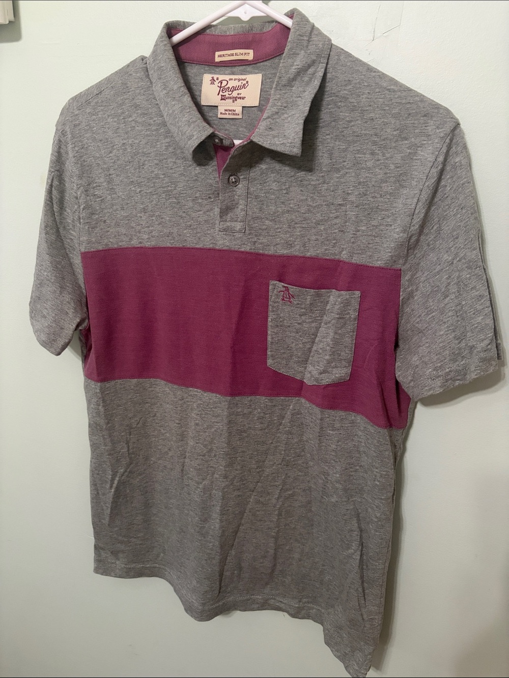 Original Penguin Grey and Magenta Block Stripe Polo